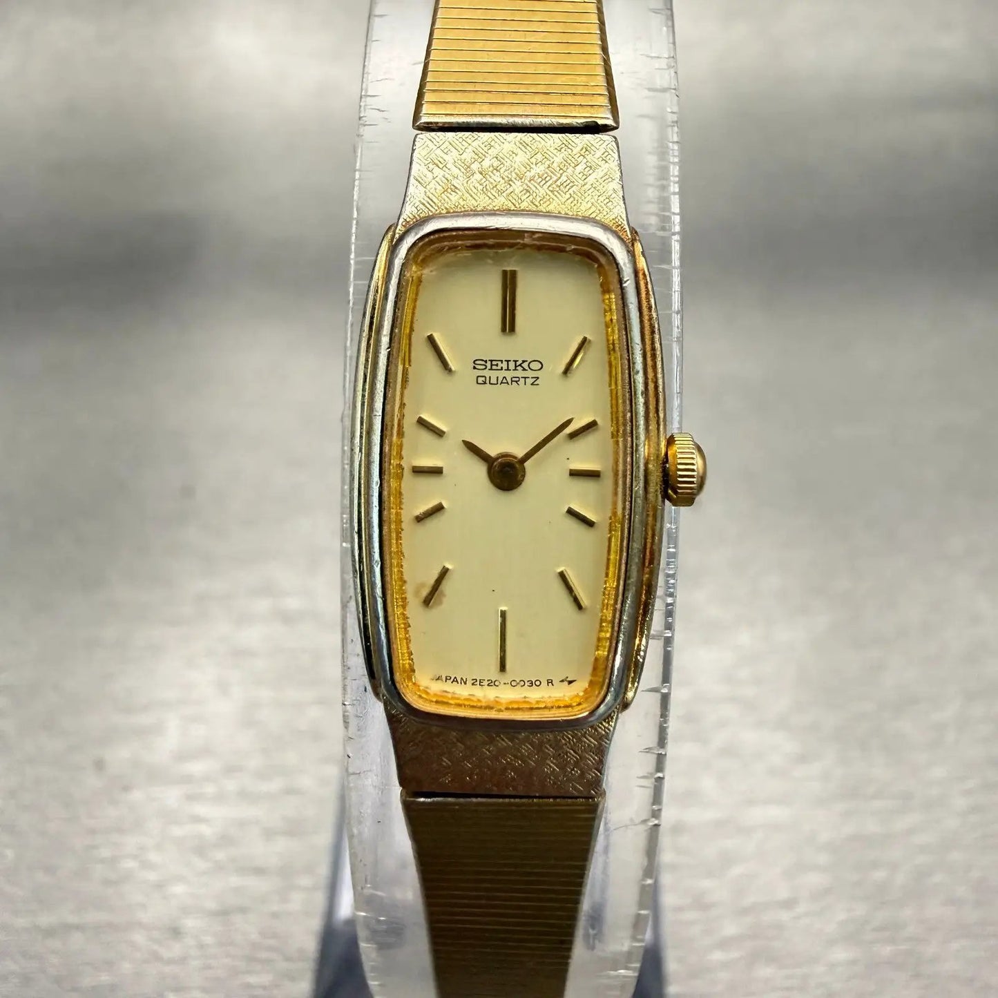 Seiko Watch Women 13mm Champagne Dial Gold Tone Rectangle 2E20-5019 New Battery0