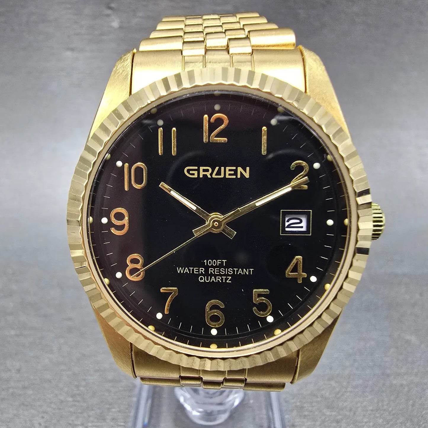 Gruen President Watch Mne 36mm Black Dial Gold Tone Date Round New Battery0