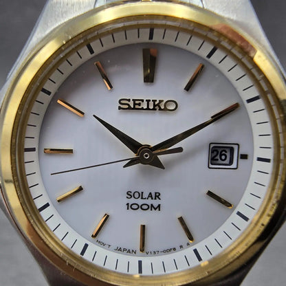 Seiko Solar Watch Women 28mm White Dial Two Tone Date Round V137-0BM0 Runs1