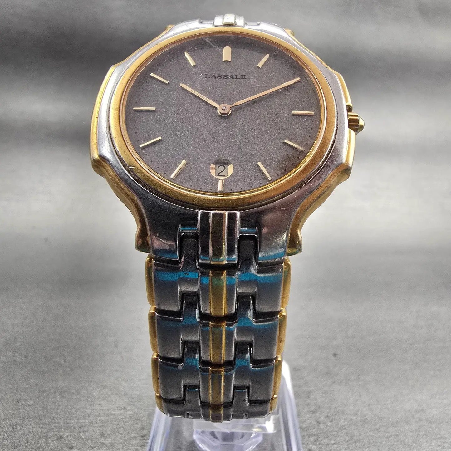 Seiko Lassale Watch Men 37mm Gray Dial Two Tone Date Round 7N39-7019 New Battery5
