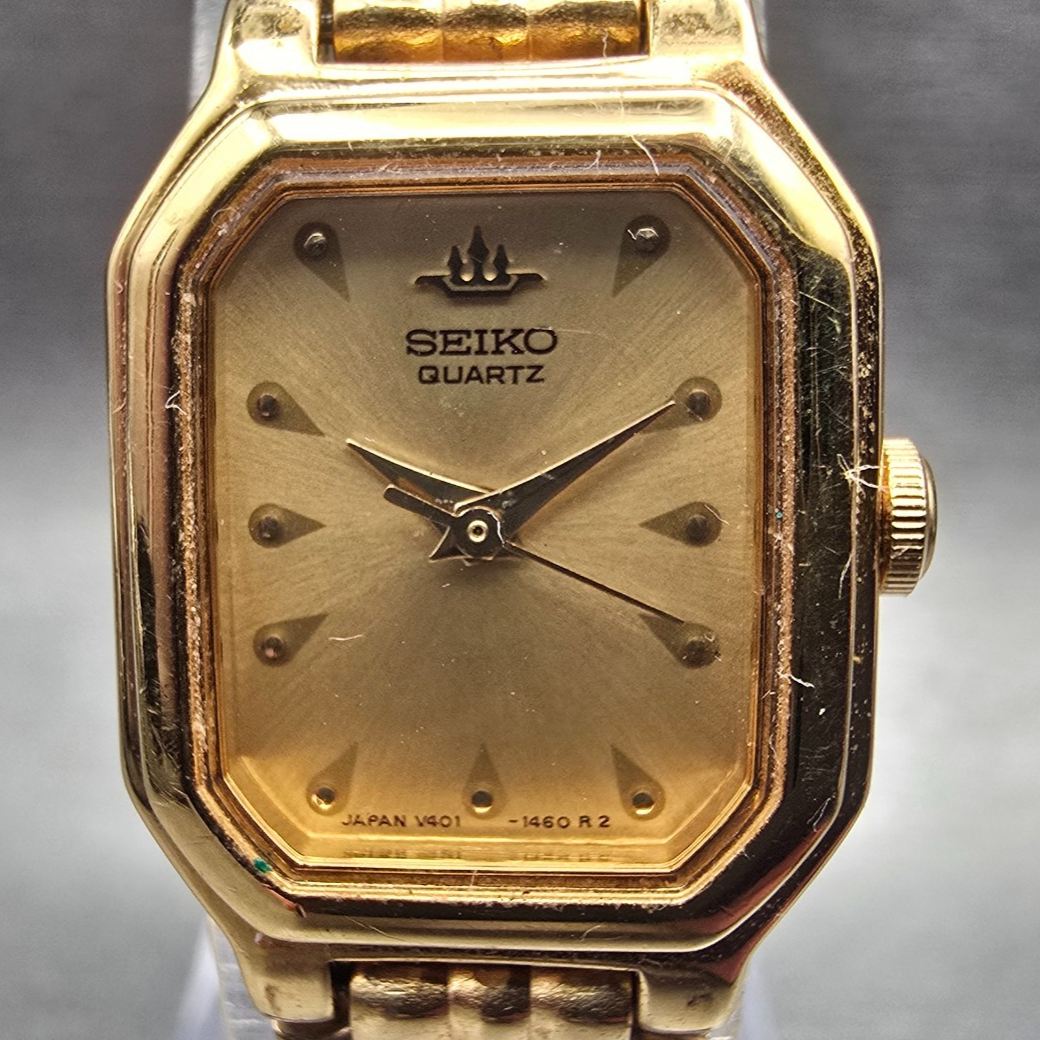 Seiko Tank Watch Women 18mm Gold Dial Gold Tone Rectangle V401-5250 New Battery1