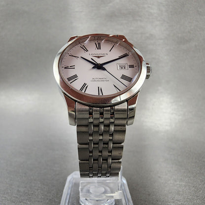 Longines Record Automatic Watch Women 30mm White Dial Steel Date Chronometer