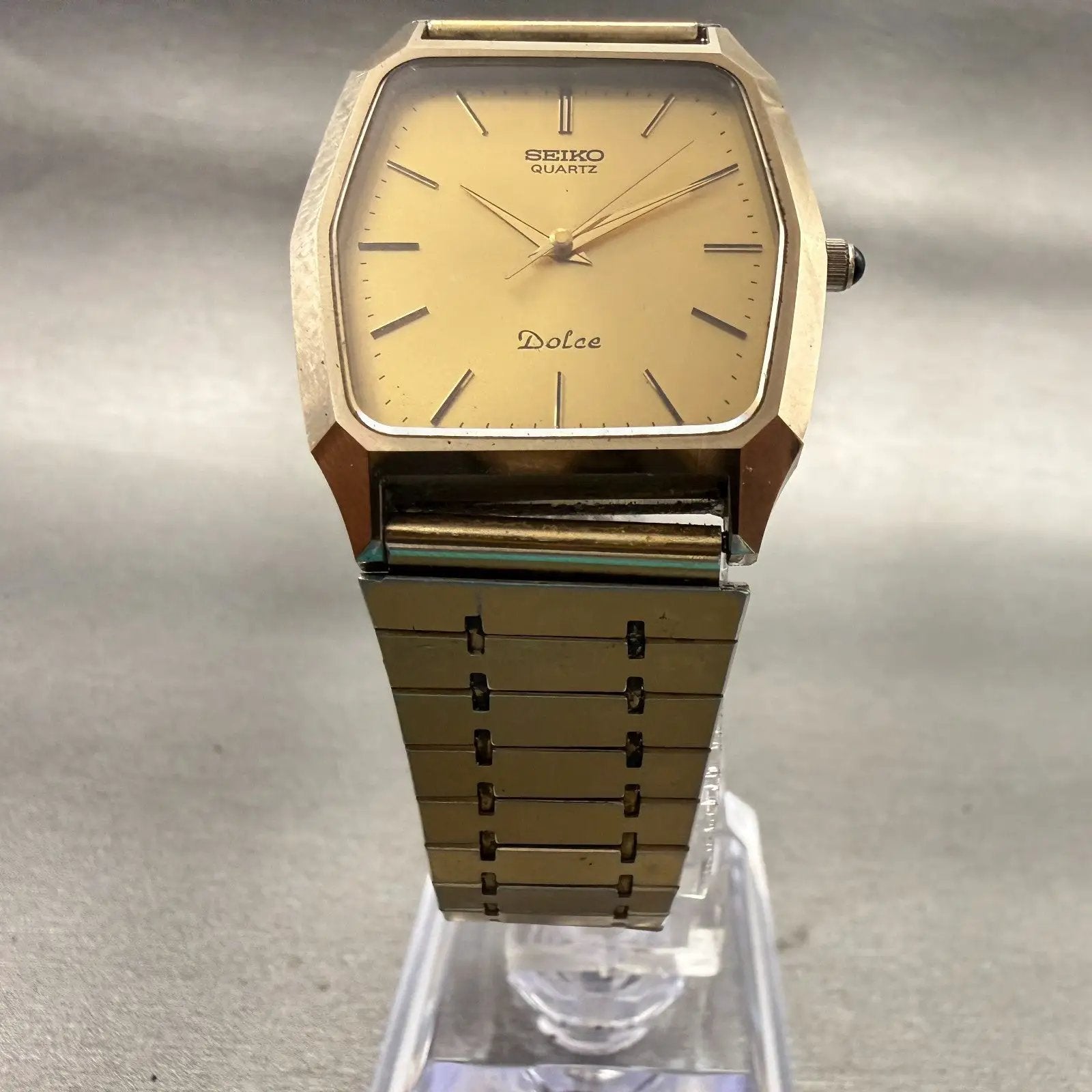 Seiko Dolce Watch Men 30mm Gold Dial Gold Tone Rectangle 6030-5480 New Battery5