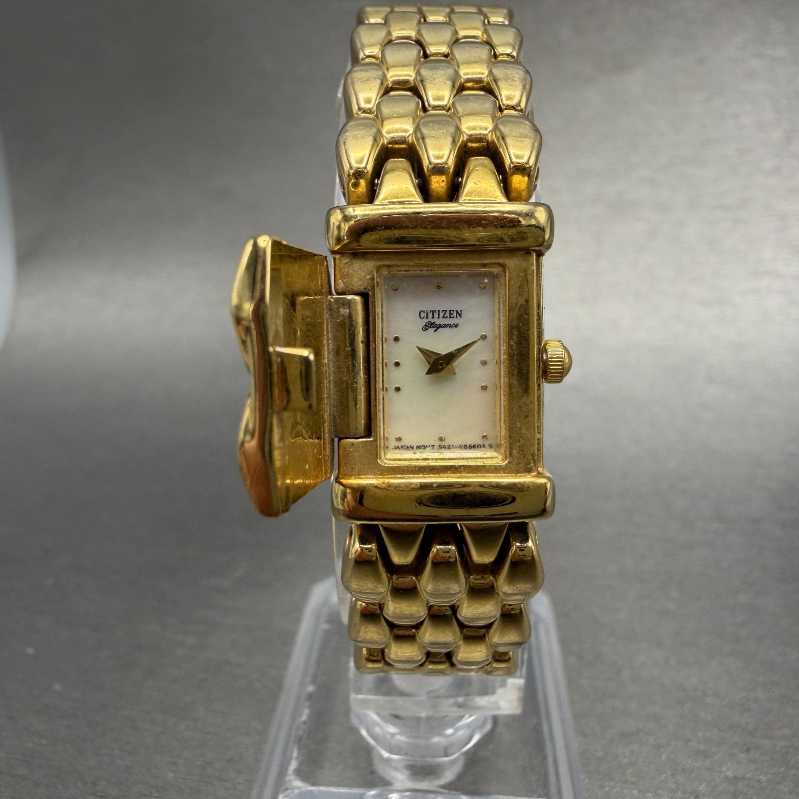 Citizen Elegance Tank Watch Women 14mm MOP Dial Gold Tone Flip Cover NewBatteryF0