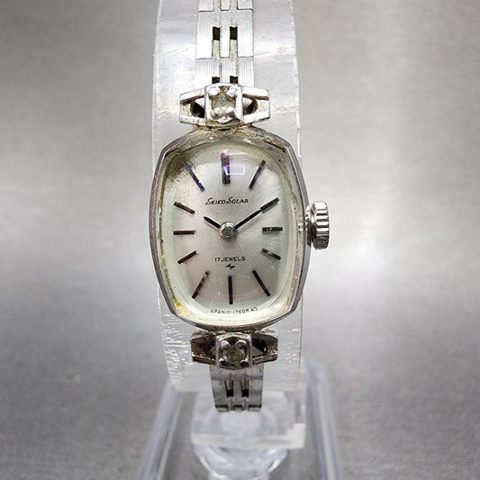 Seiko Solar Watch Women 15mm Silver Dial White Gold Plated Manual Wind Runs0