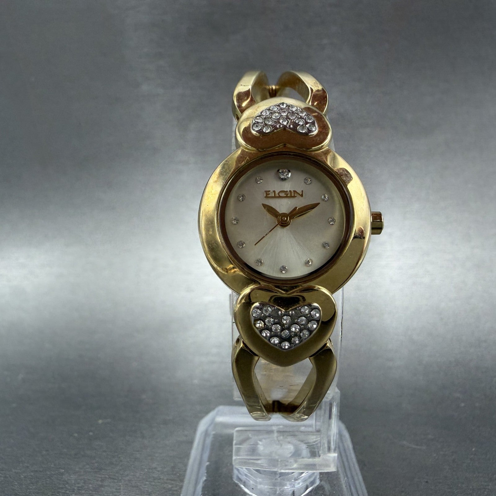 Elgin Watch Women 22mm Champagne Dial Gold Tone Hearts Crystals New Battery5