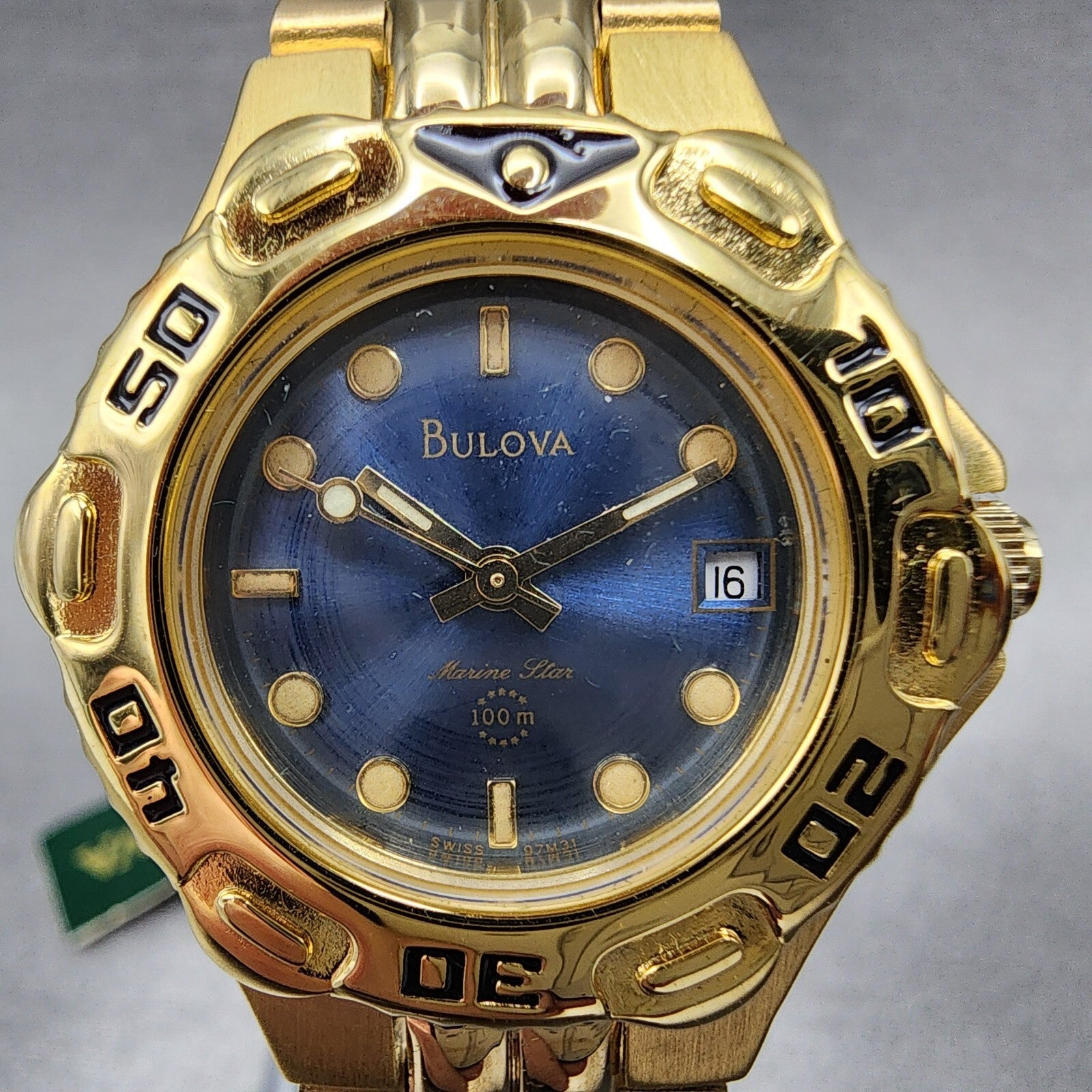 Bulova Marine Star Watch Women 28mm Blue Dial Gold Tone Date 97M31 New Batt NOS3