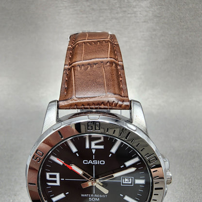 Casio MTPVD01 Watch Men 43mm Black Dial Steel Date Round Leather New Battery4