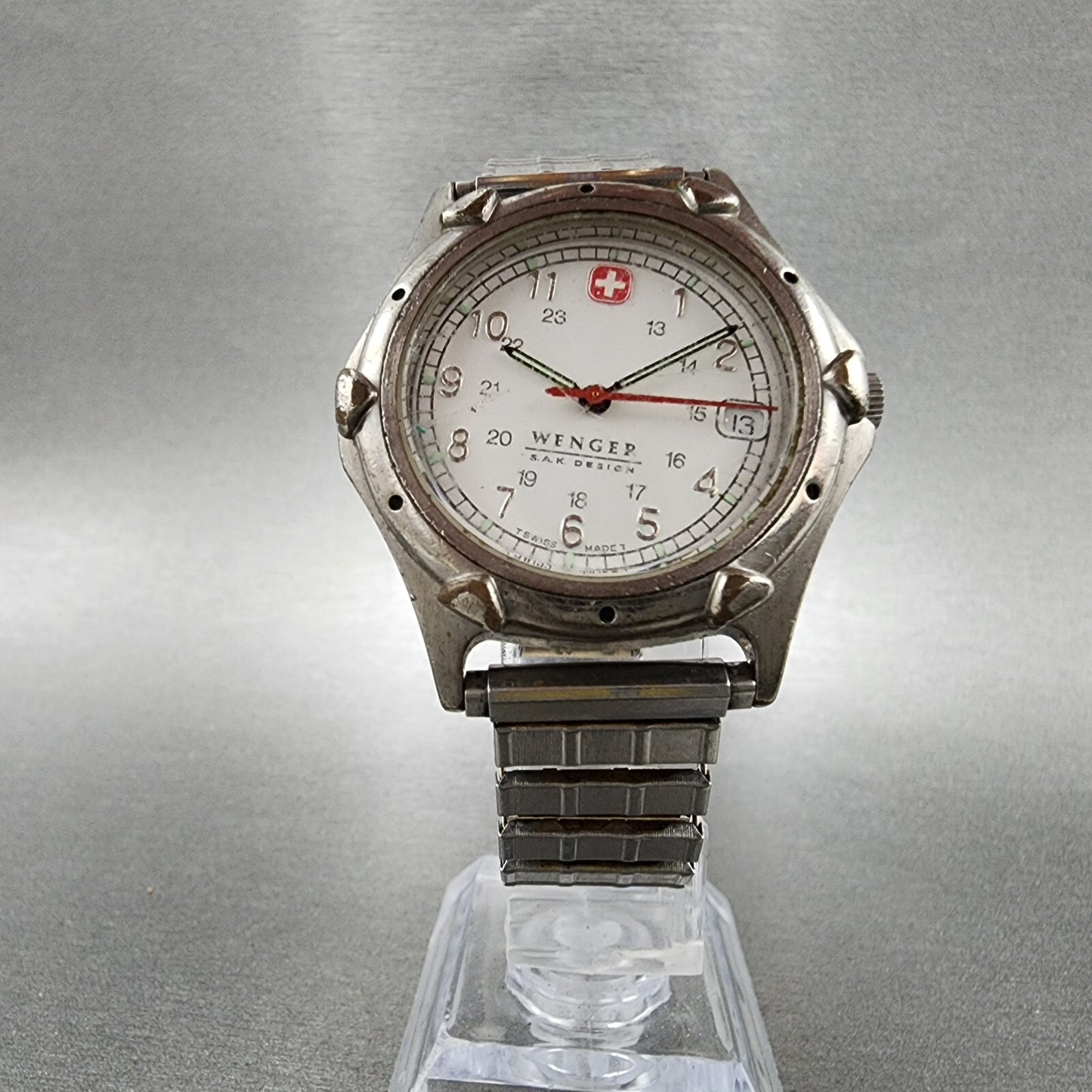 Wenger S.A.K Watch Men 36mm White Dial Silver Tone Date  New Battery READ!!!!