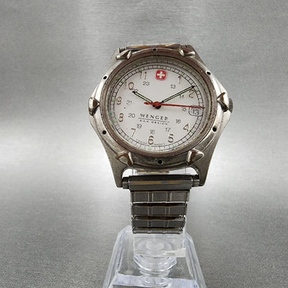 Wenger S.A.K Watch Men 36mm White Dial Silver Tone Date  New Battery READ!!!!