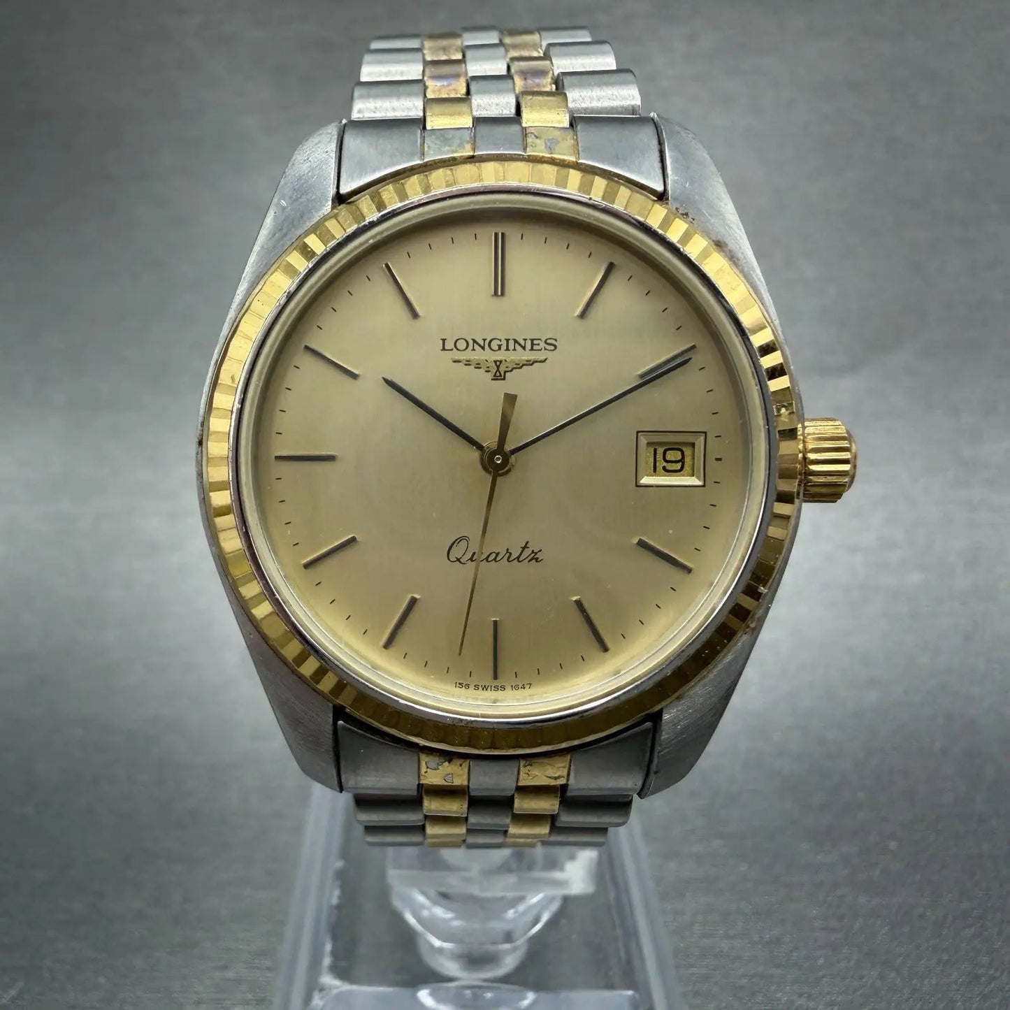 Longines Watch Men 33mm Gold Dial Two Tone Date Round 156.1647 New Battery0