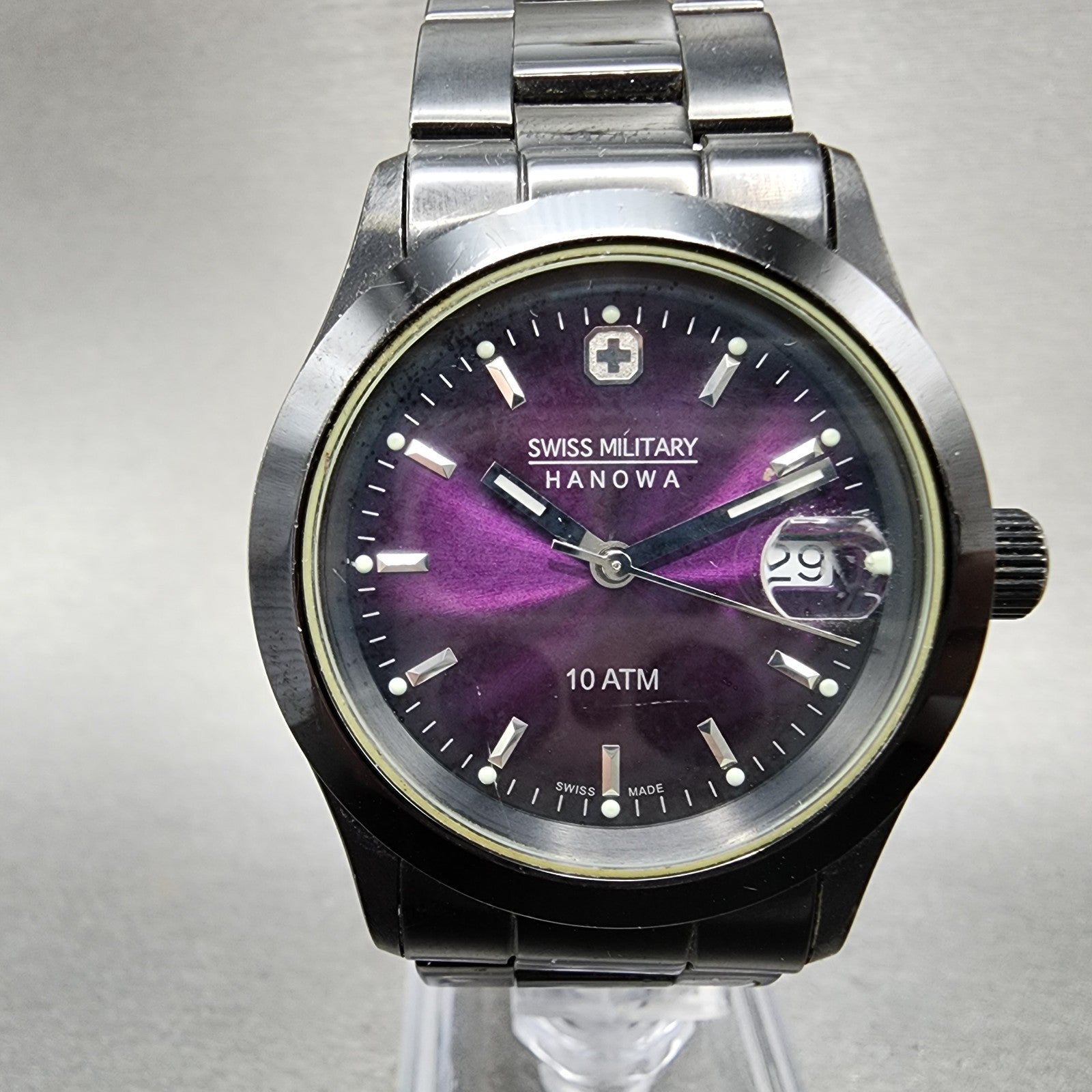 Swiss Military Hanowa Watch Women 36mm Purple Dial Black Date 65023 New Battery0