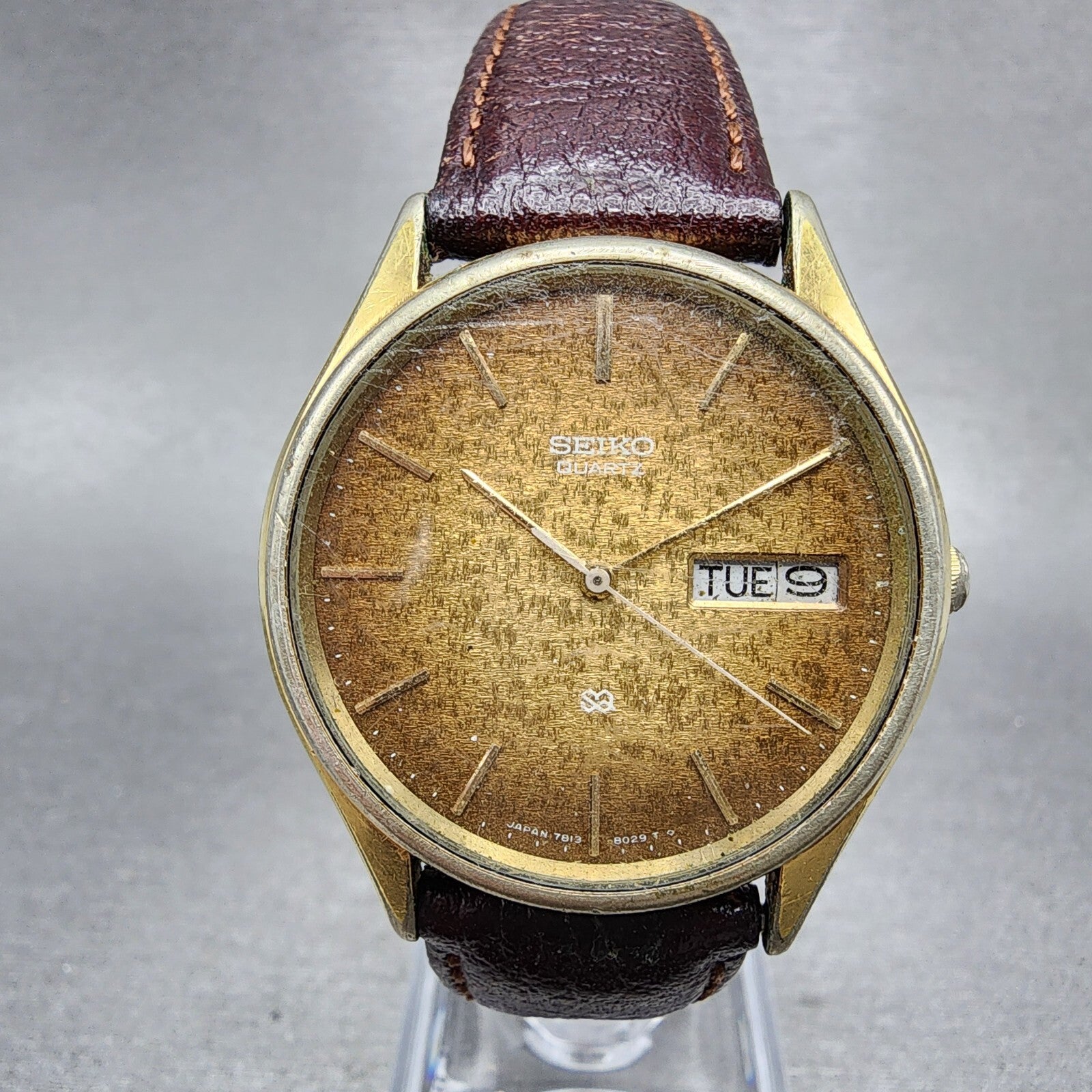 Seiko SQ Watch Men 34mm Brown Dial Gold Tone Daydate Round READ!!!!! New Battery0