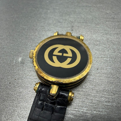 Gucci 2000L Watch Women 22mm Black Dial Gold Plated Round New Battery VTG LKASDT15