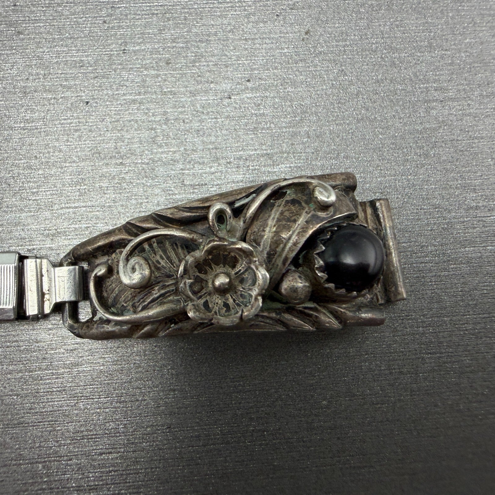 Navjo Sterling Silver Watch Band Tips Black Stones Inserts 10mm Vintage Ladies1