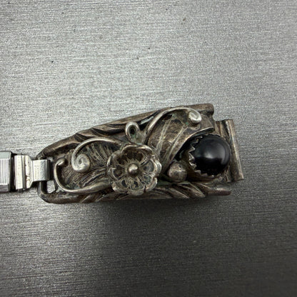 Navjo Sterling Silver Watch Band Tips Black Stones Inserts 10mm Vintage Ladies1