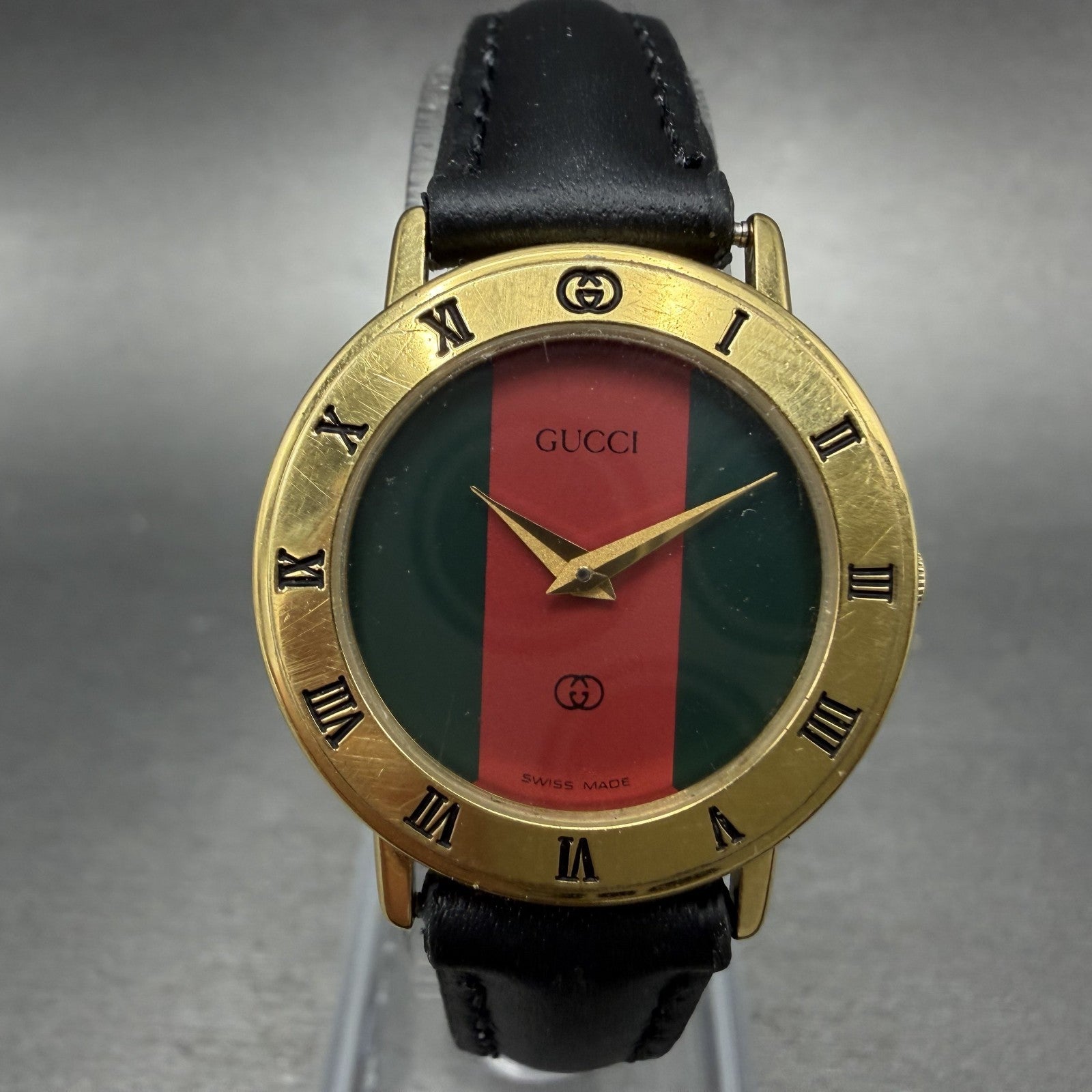Gucci 3000L Watch Women 26mm Red Green Dial Gold Plated Round Leather New BattA10