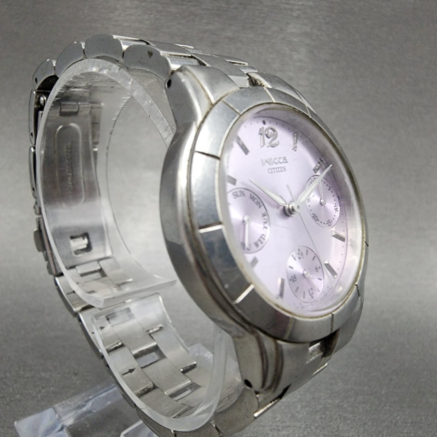 Citizen Wicca Watch Women 30mm Purple Dial Silver Tone Daydate Round New Batt3