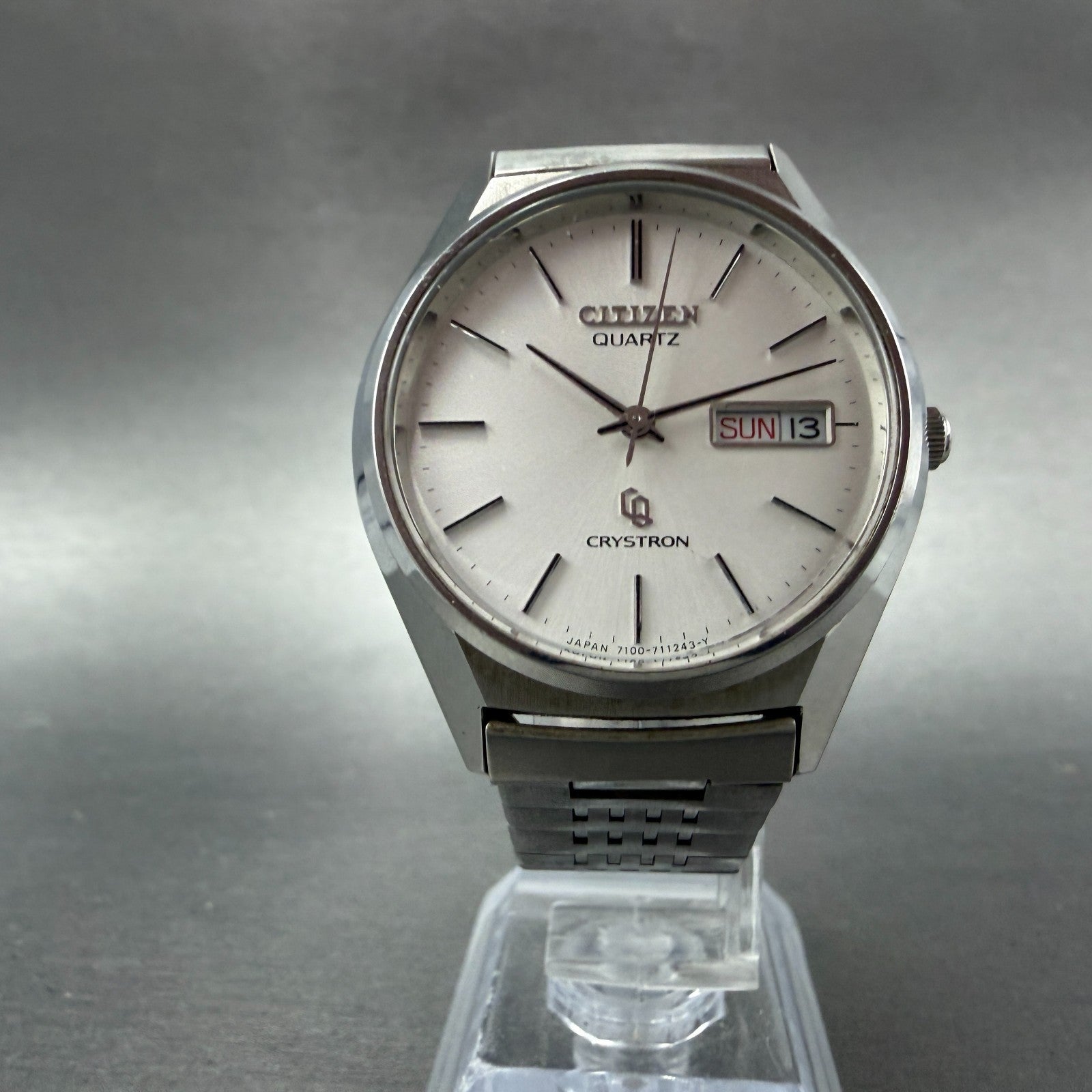Citizen CQ Crystron Watch Men 35mm Silver Dial Steel Daydate 4-730364 NewBattery5