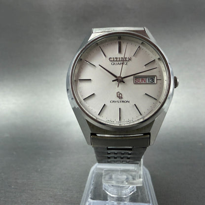 Citizen CQ Crystron Watch Men 35mm Silver Dial Steel Daydate 4-730364 NewBattery5