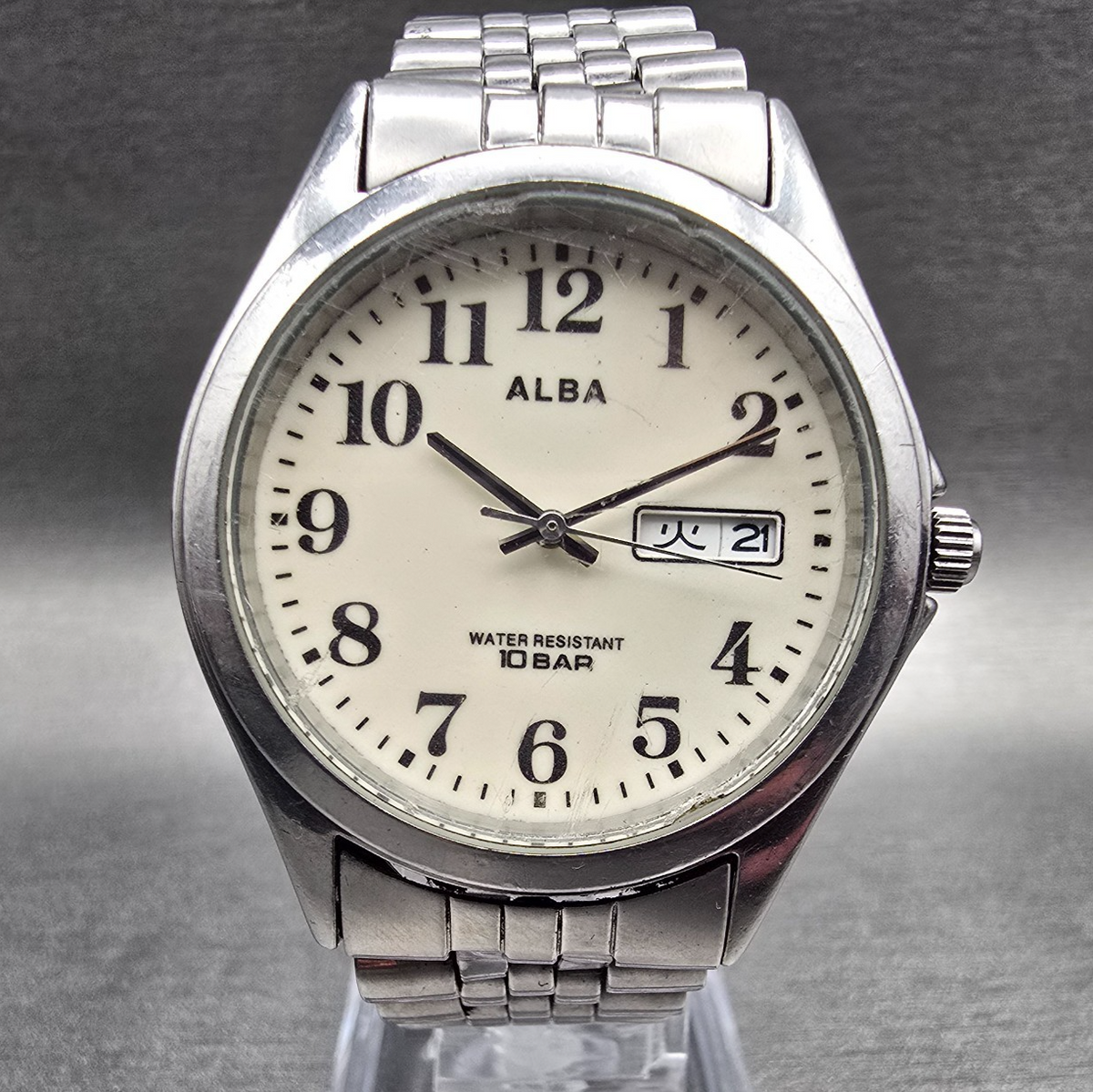 Seiko Alba Watch Men 36mm Luminous Dial Silver Tone Daydate 7N33-K002 New Batt L0