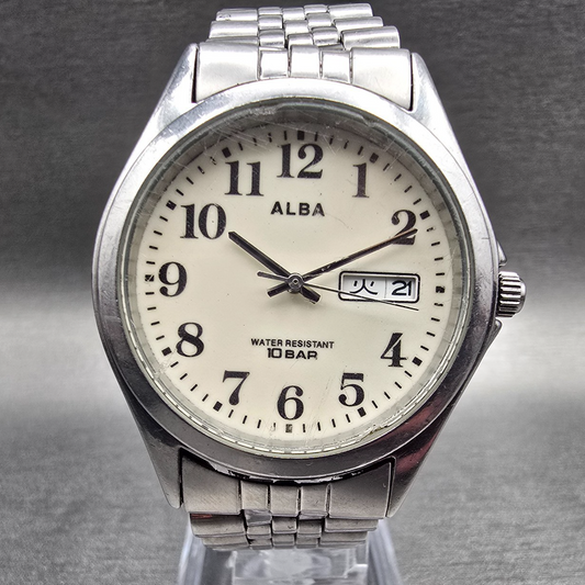 Seiko Alba Watch Men 36mm Luminous Dial Silver Tone Daydate 7N33-K002 New Batt L0