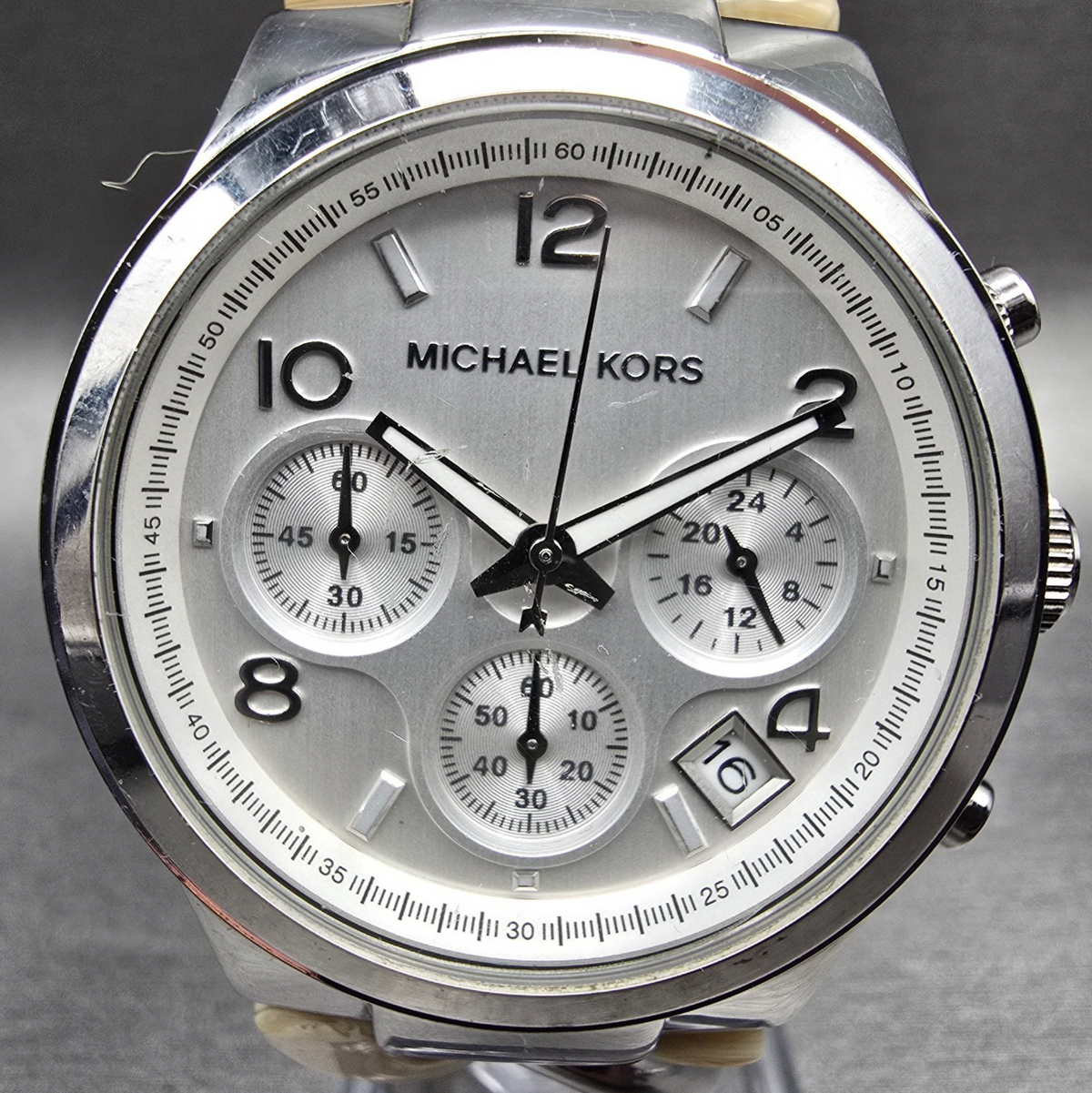 Michael Kors Runway Watch Women 38mm Silver Dial Chrono Alarm MK4263 New Battery1