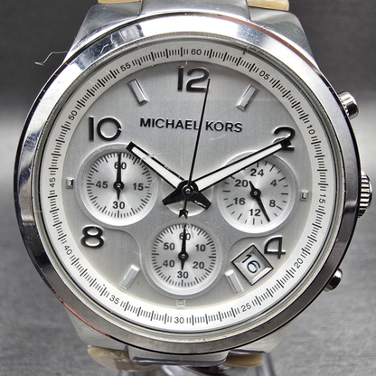 Michael Kors Runway Watch Women 38mm Silver Dial Chrono Alarm MK4263 New Battery1