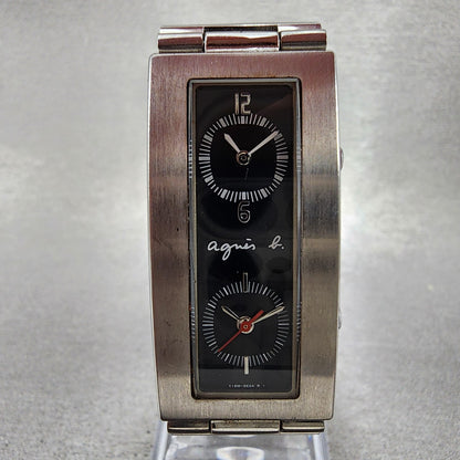 Anges B Dual Time Watch Women 19mm Black Dial Steel Rectangle New Battery1
