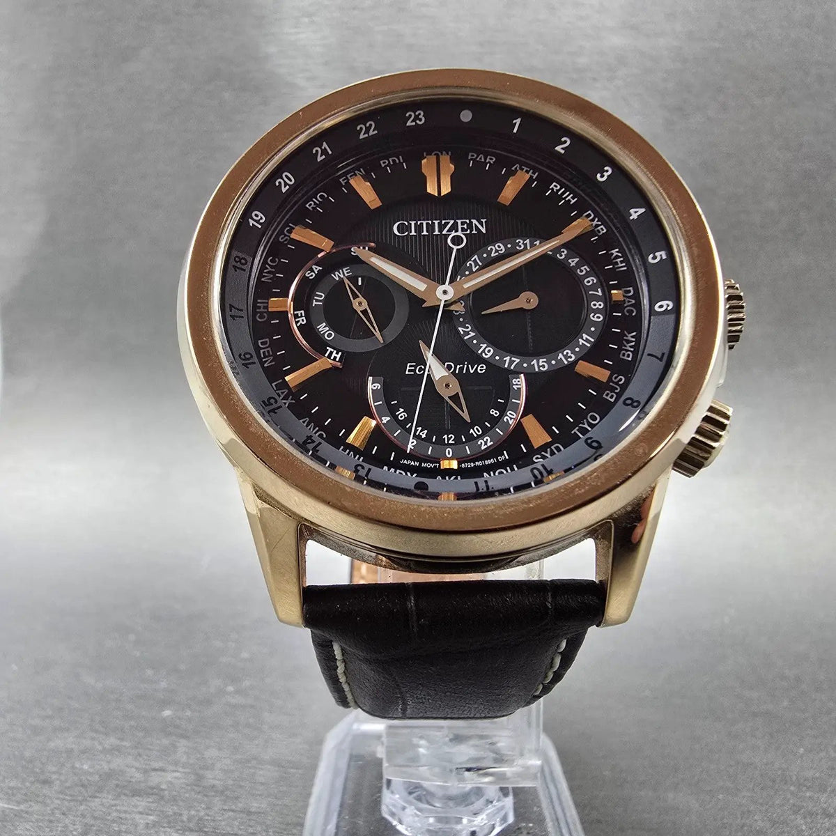 Citizen Eco-Drive Calendrier Watch Men 44mm Black Dial Rose Gold Daydate Works5