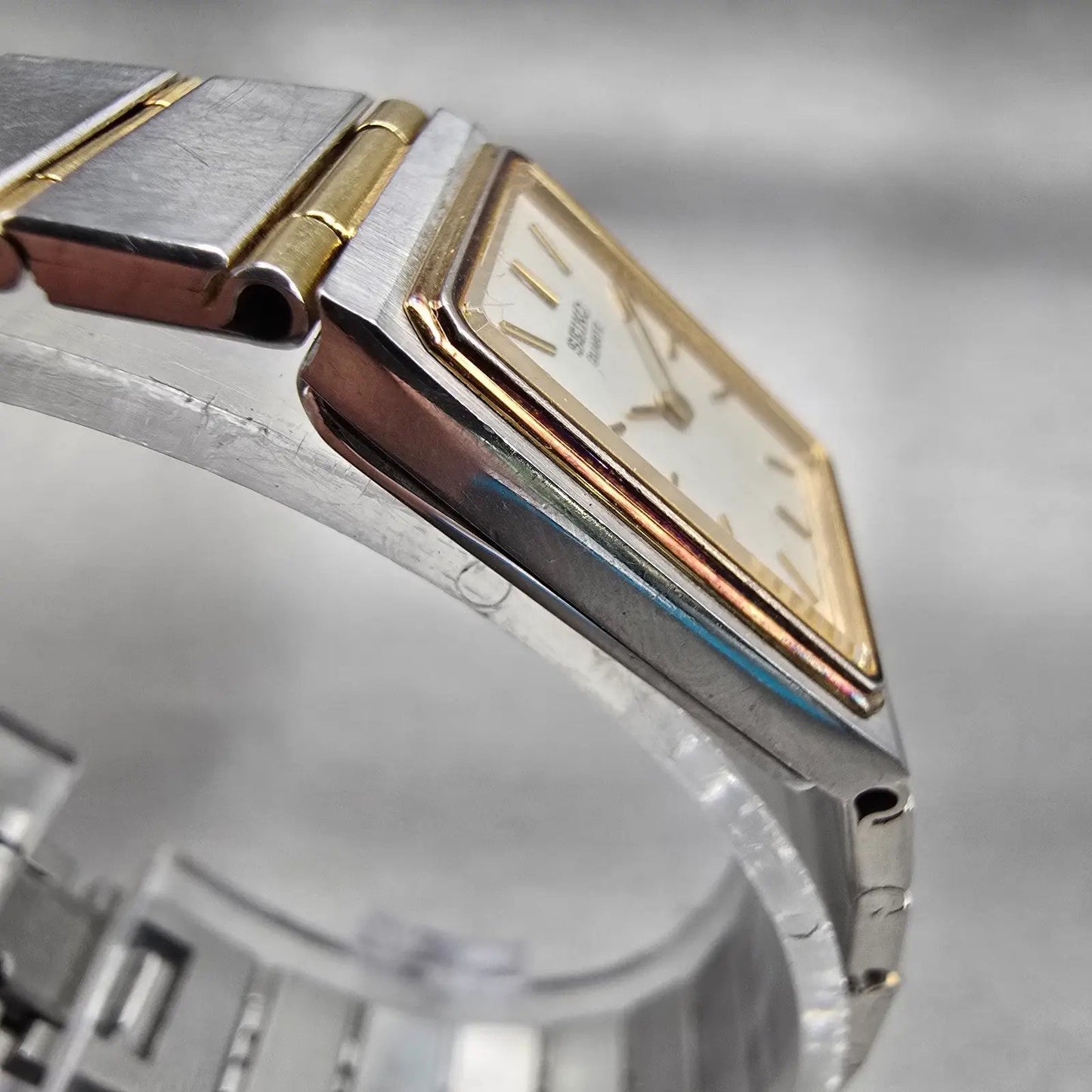 Seiko Watch Women 17mm Silver Dial Two Tone Rectangle 7320-5039 New Battery VTG3