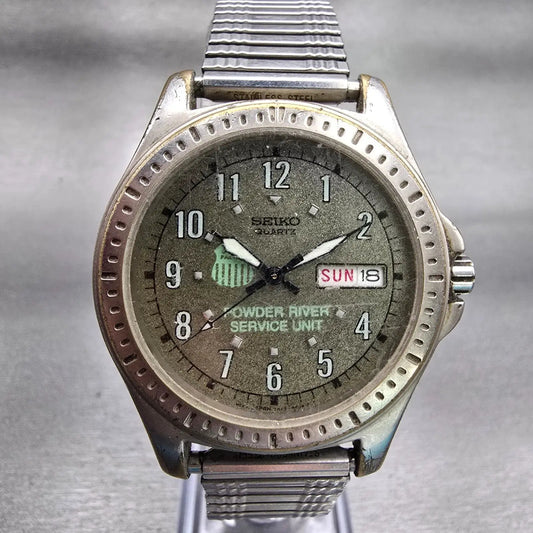Seiko Watch Men 38mm Green Dial Gray Tone Daydate Round 7N43-8B09 New Battery0