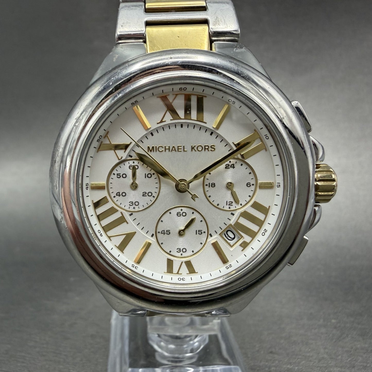 Michael Kors Camile Chrono Watch Women 43mm White Dial Two Tone Date MK-56530