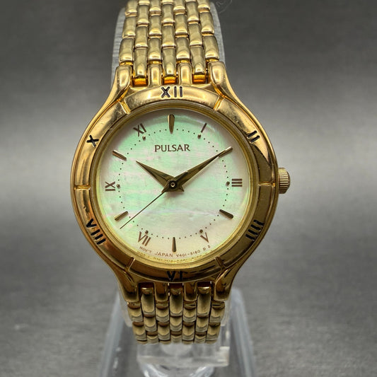 Seiko Pulsar Watch Women 24mm MOP Dial Gold Tone Round V401-1730 New Battery0