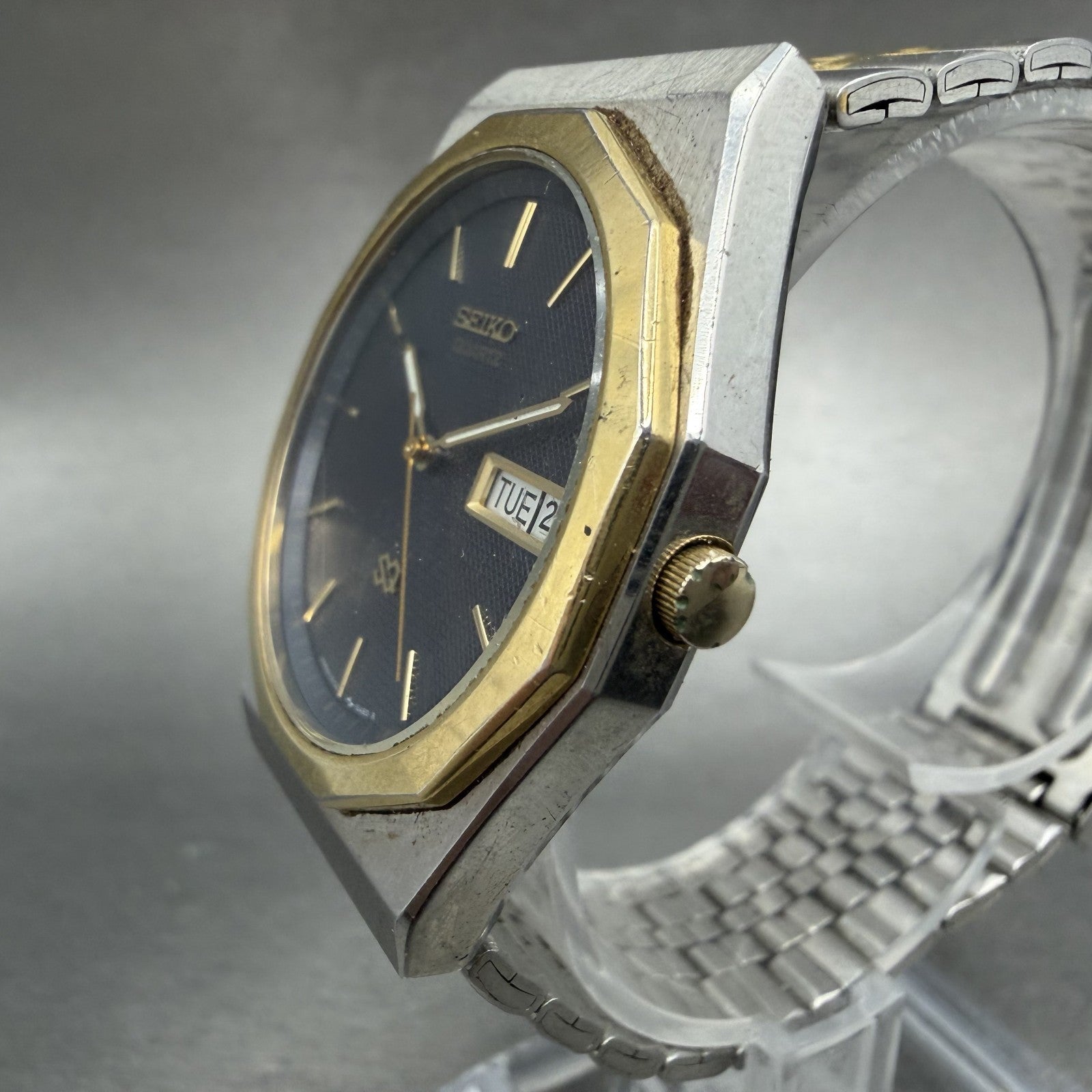 Seiko SQ Watch Men 33mm Blue Dial Two Tone Daydate Round 5Y23-6A39 New Battery2