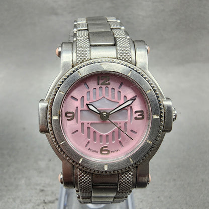 Bulova Harley Davidson Watch Women 28mm Pink Dial Silver Tone 76L144 New Battery0