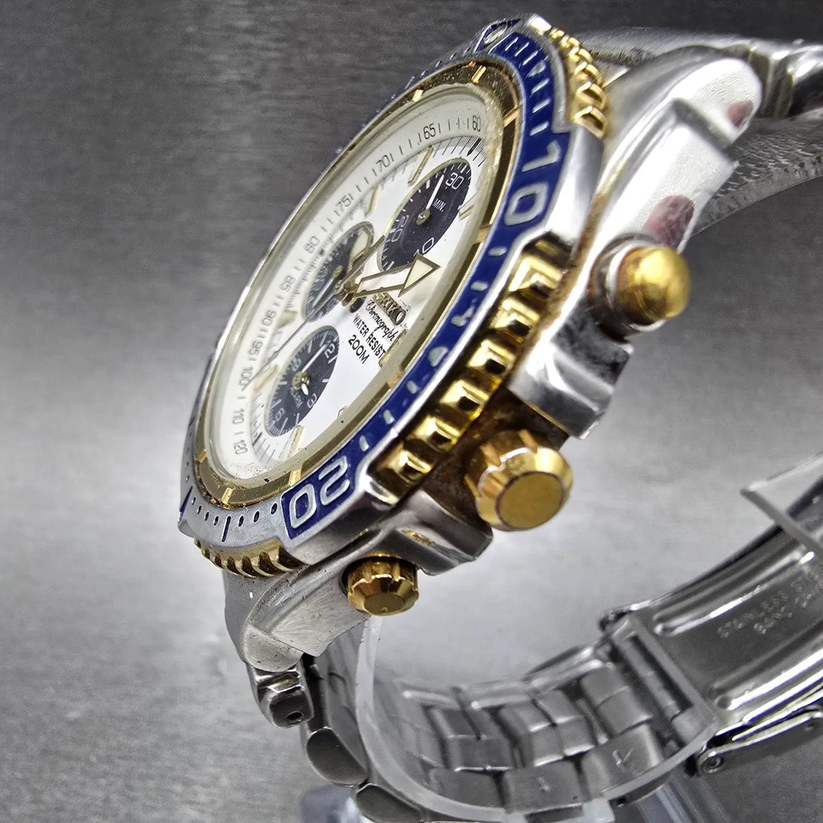 Seiko Chronograph Watch Men 41mm White Dial Two Tone Date READ!! 7T32-7E49 Diver3