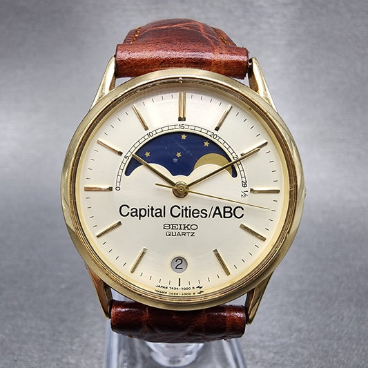 Seiko Moonphase Watch Men 32mm Silver Dial Gold Tone Date 7434-7008 PARTS