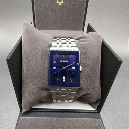 Bulova Quadra Tank Watch Men 31mm Blue Dial Silver Tone Rectangle 96D139 W/Box0