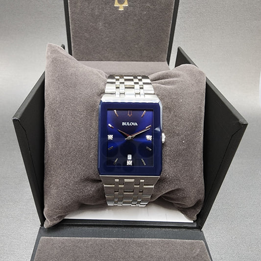 Bulova Quadra Tank Watch Men 31mm Blue Dial Silver Tone Rectangle 96D139 W/Box0
