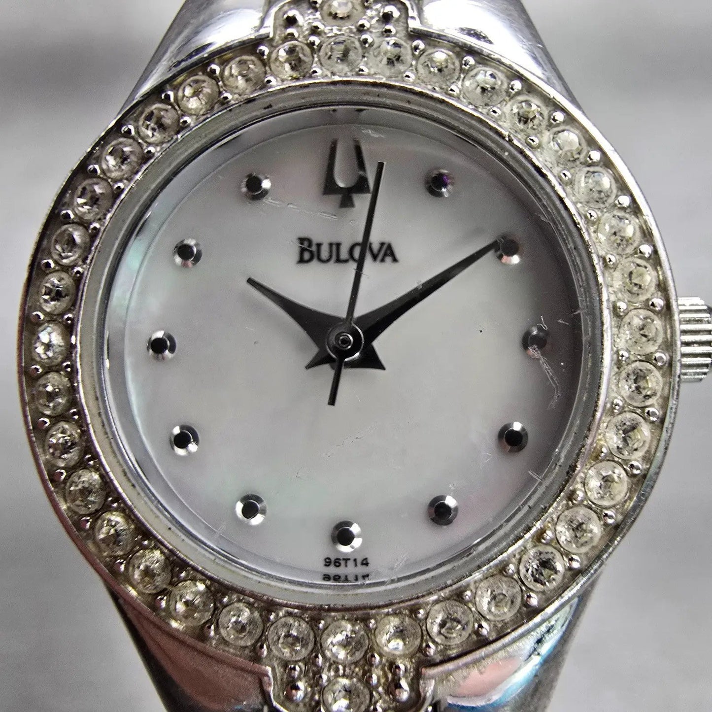 Bulova Watch Women 22mm MOP Dial Silver Tone Gemmed Round 96T14 New Battery1