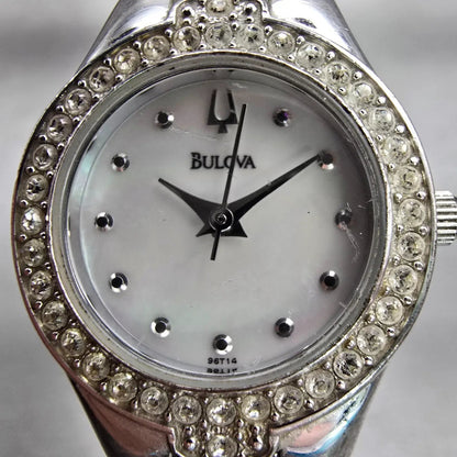 Bulova Watch Women 22mm MOP Dial Silver Tone Gemmed Round 96T14 New Battery1