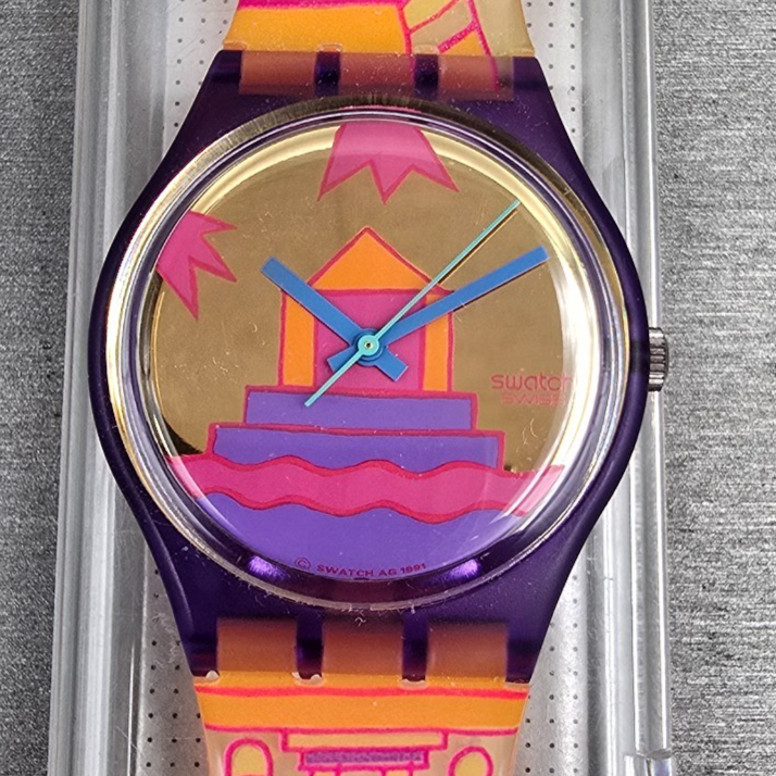 Swatch Rara Avis Watch Men 34mm Gold Dial Purple Case GV103 New Battery NOS1