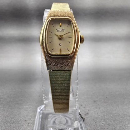 Citizen CQ Watch Women 16mm Gold Dial Gold Tone Oval 3220-S16881 New Battery VTG5