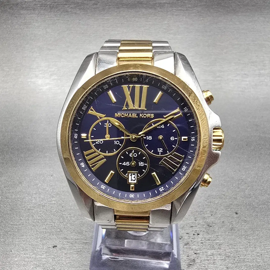 Michael Kors Bradshaw Watch Men 44mm Blue Dial Two Tone Chrono MK5976 New Batt0