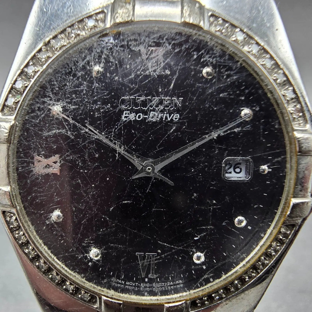 Citizen Eco-Drive Watch Men 36mm Black Dial Silver Date Round Diamonds Runs1