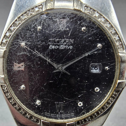 Citizen Eco-Drive Watch Men 36mm Black Dial Silver Date Round Diamonds Runs1
