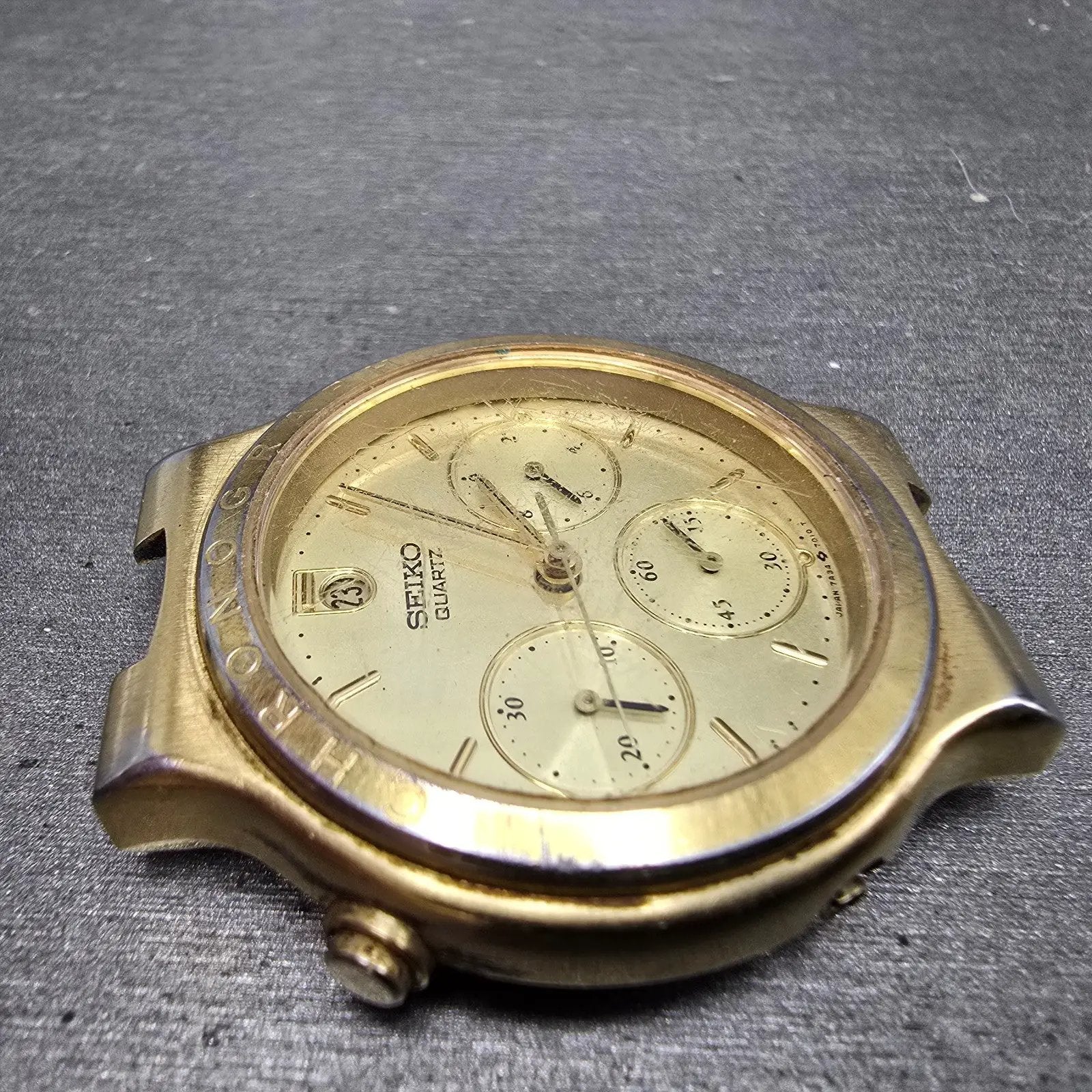 Seiko Chronograph Watch Men 37mm Gold Dial Gold Tone Date 7A34-7019 PARTS4