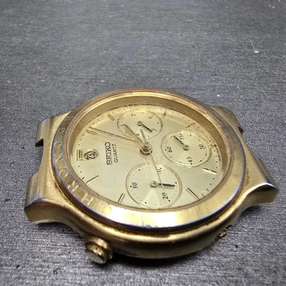 Seiko Chronograph Watch Men 37mm Gold Dial Gold Tone Date 7A34-7019 PARTS4