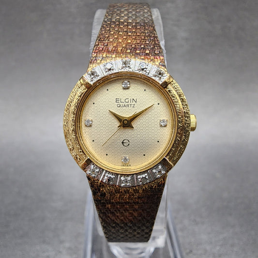 Elgin Watch Women 21mm Champagne Dial Gold Tone Round Diamond bezel New Battery0